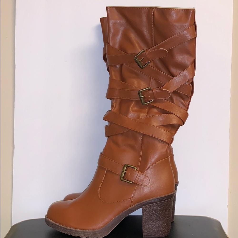 Kalli BelowKnee Brown Leather Strappy Heeled Boots